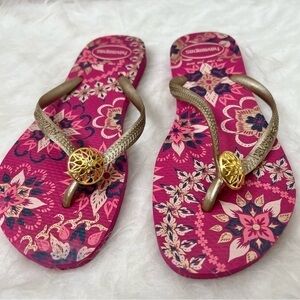 Havaianas Hot Pink Floral Bling Flip Flops Things Sumner Pool US 7/8